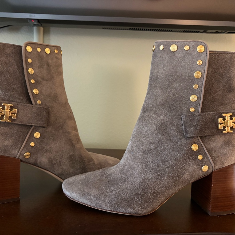 Tory Burch Taupe Suede Heeled Boots with Gold Studs